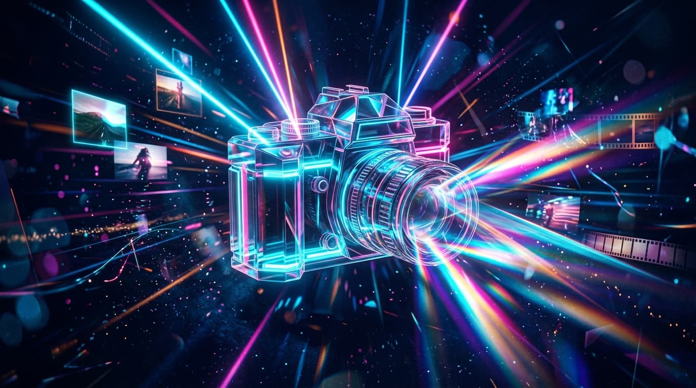3D Glass Camera Prism Refracting Light - Portfolio Showcase Visual
